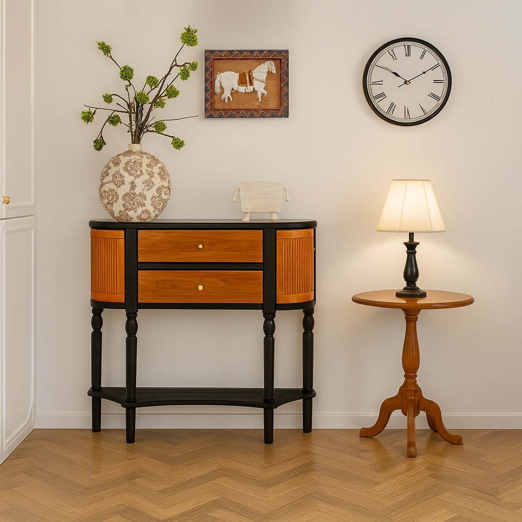 Farmhouse Wooden Console Cabinet With Fluted Sides And Drawers