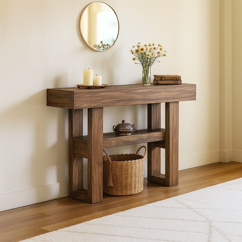 Farmhouse Wooden Console Table With Lower Display Shelf