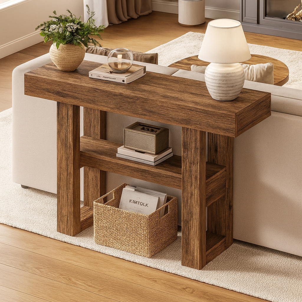 Farmhouse Wooden Console Table With Lower Display Shelf