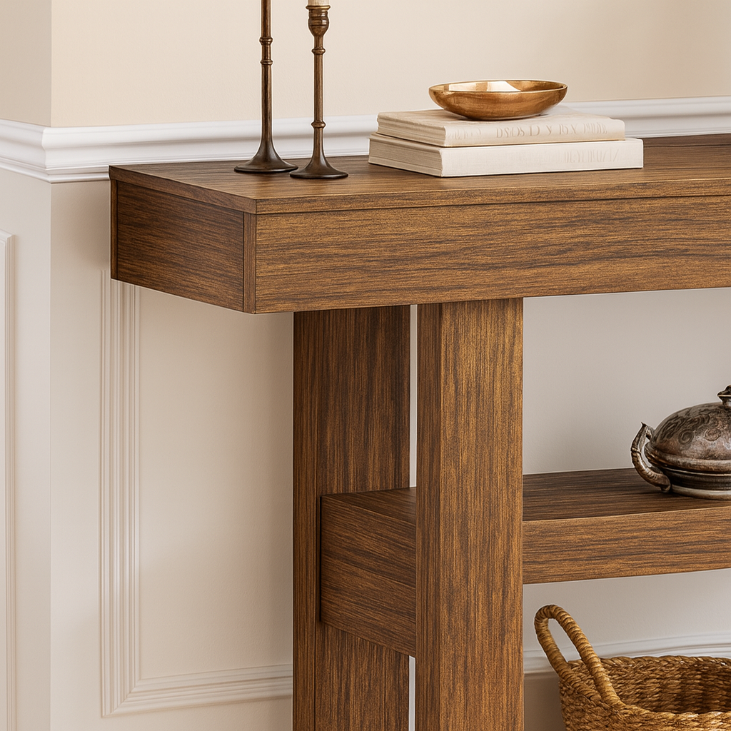 Farmhouse Wooden Console Table With Lower Display Shelf