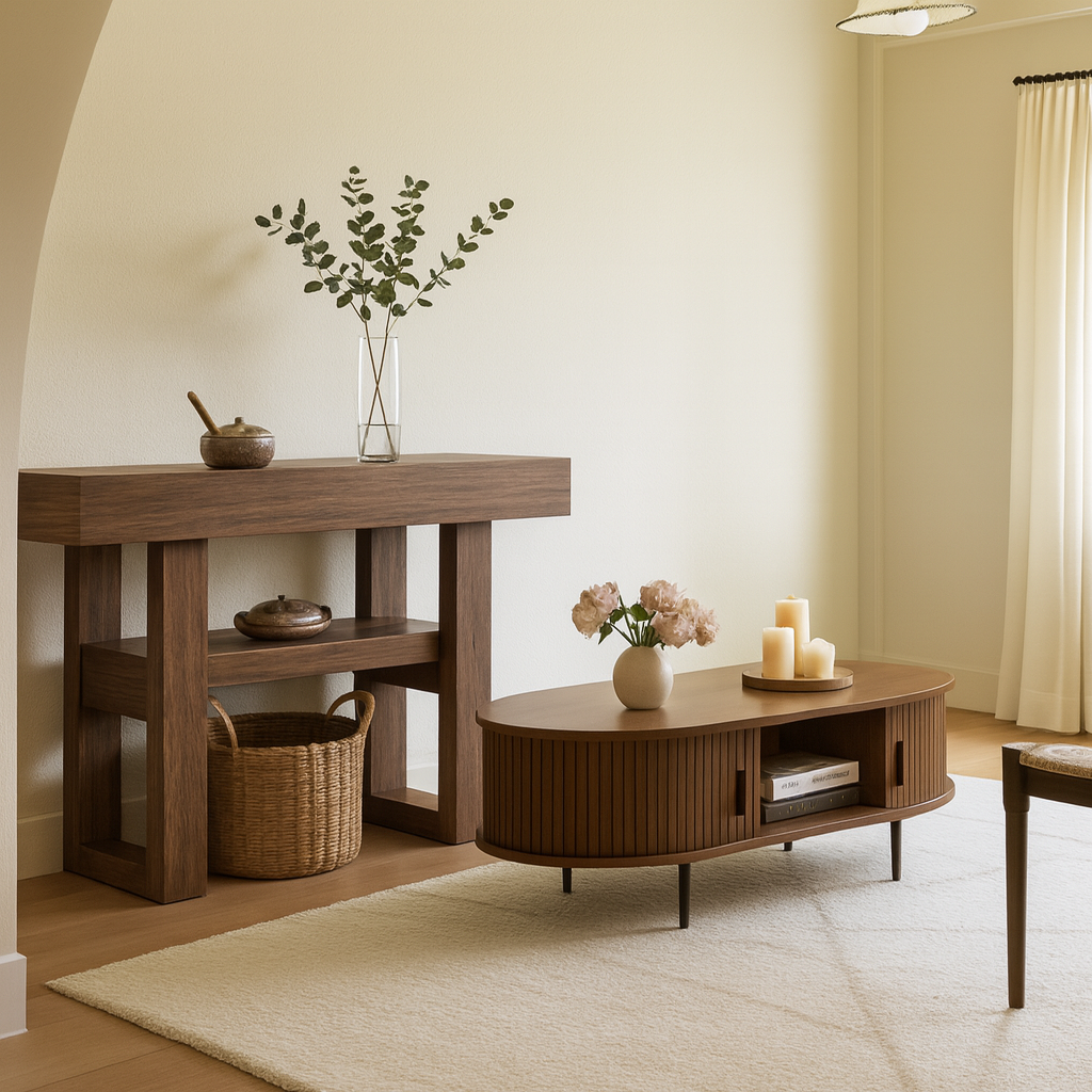 Farmhouse Wooden Console Table With Lower Display Shelf