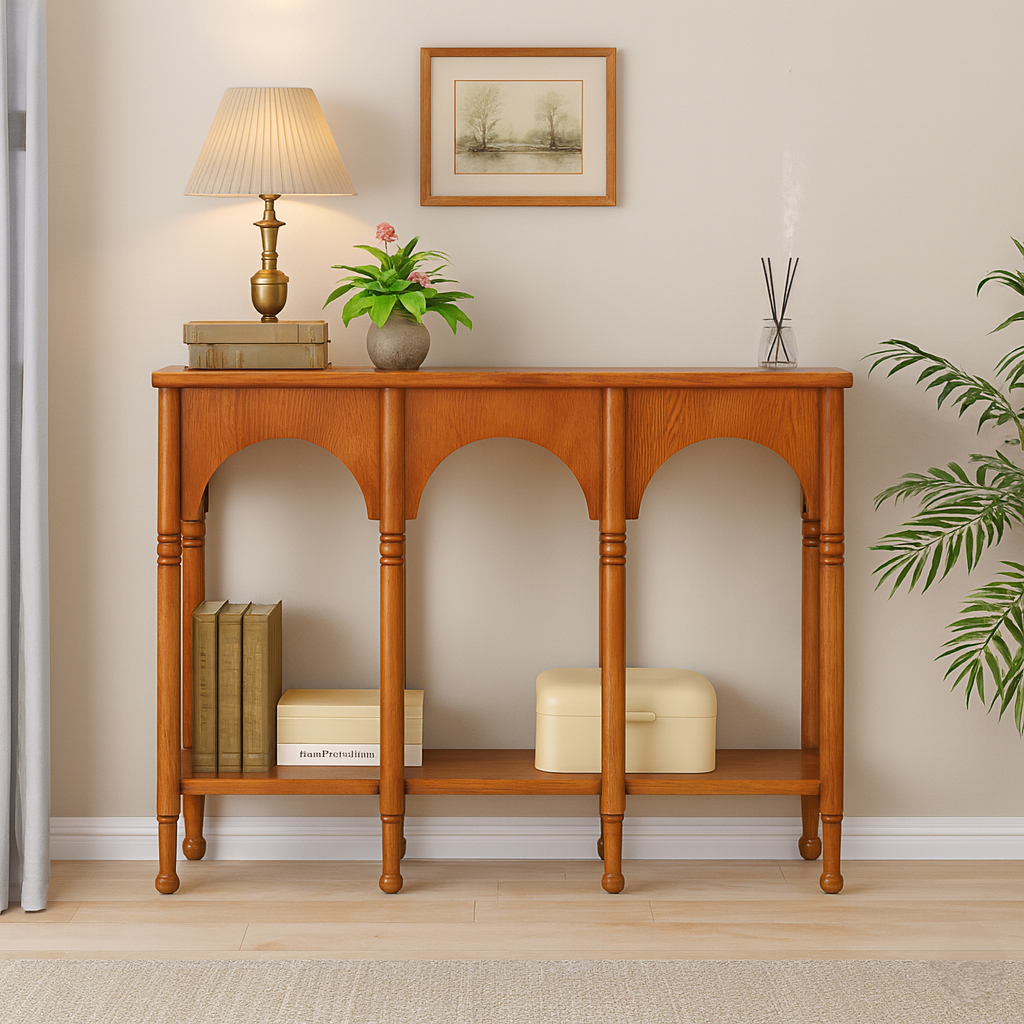 Farmhouse Wooden Console Table With Triple Arch Open Shelf