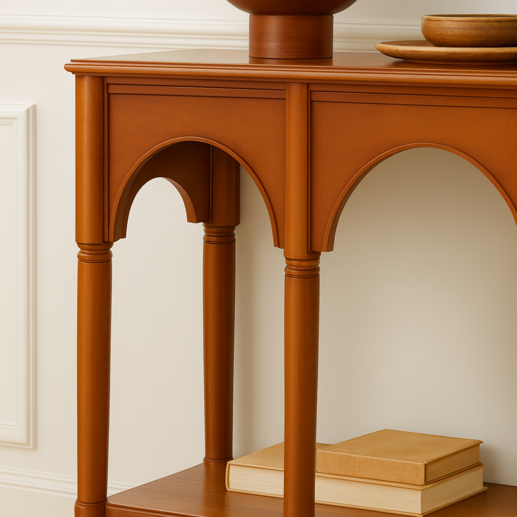 Farmhouse Wooden Console Table With Triple Arch Open Shelf