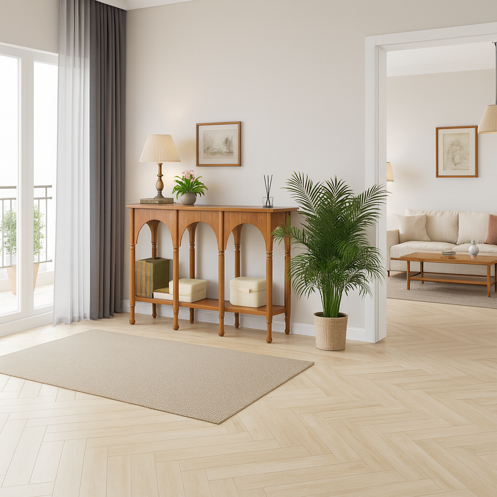 Farmhouse Wooden Console Table With Triple Arch Open Shelf