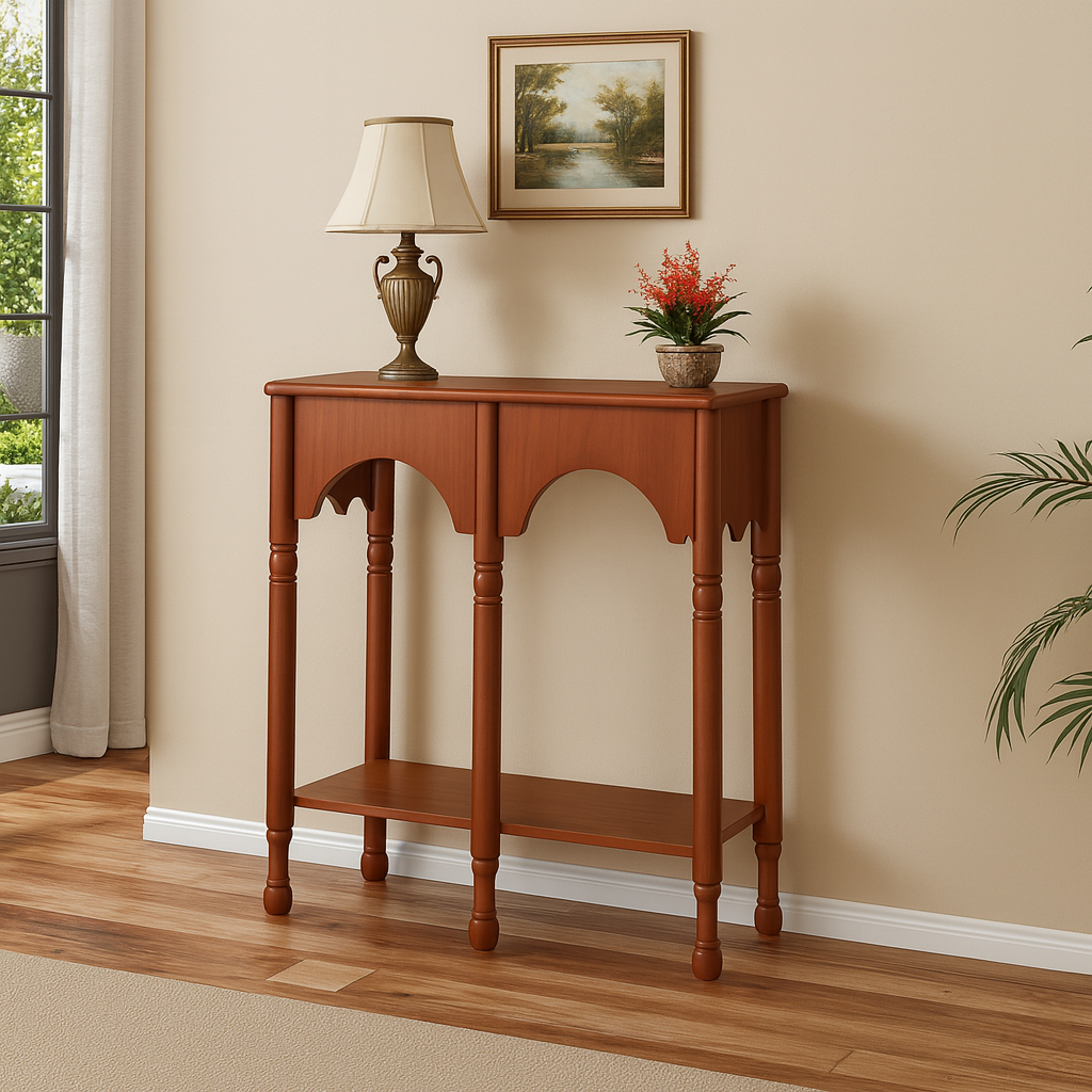 Farmhouse Wooden Console Table With Triple Arch Open Shelf