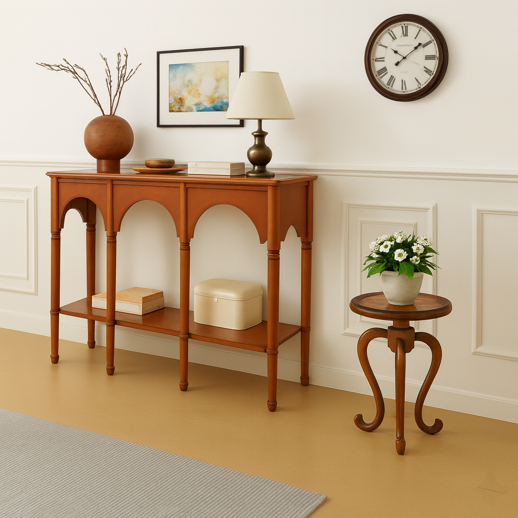 Farmhouse Wooden Console Table With Triple Arch Open Shelf