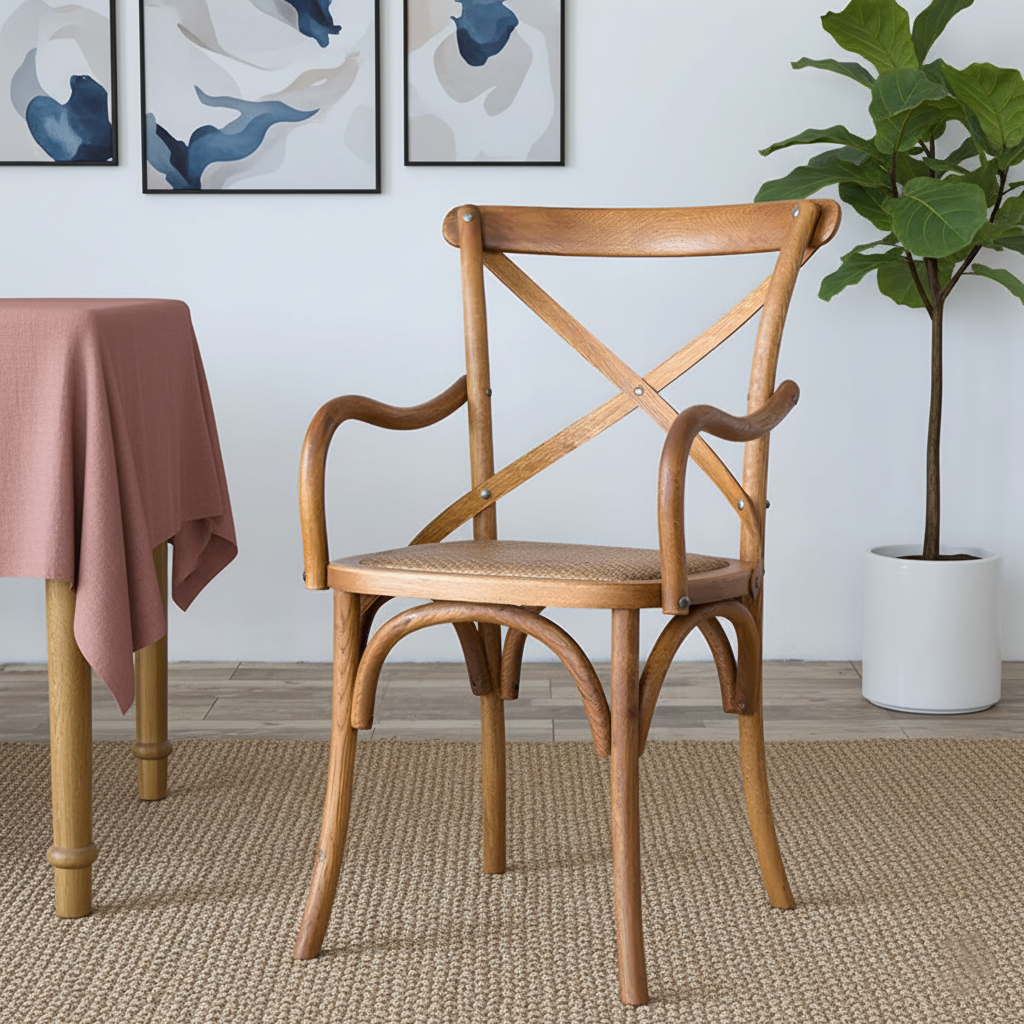 Farmhouse Wooden Dining Chair With Woven Seat