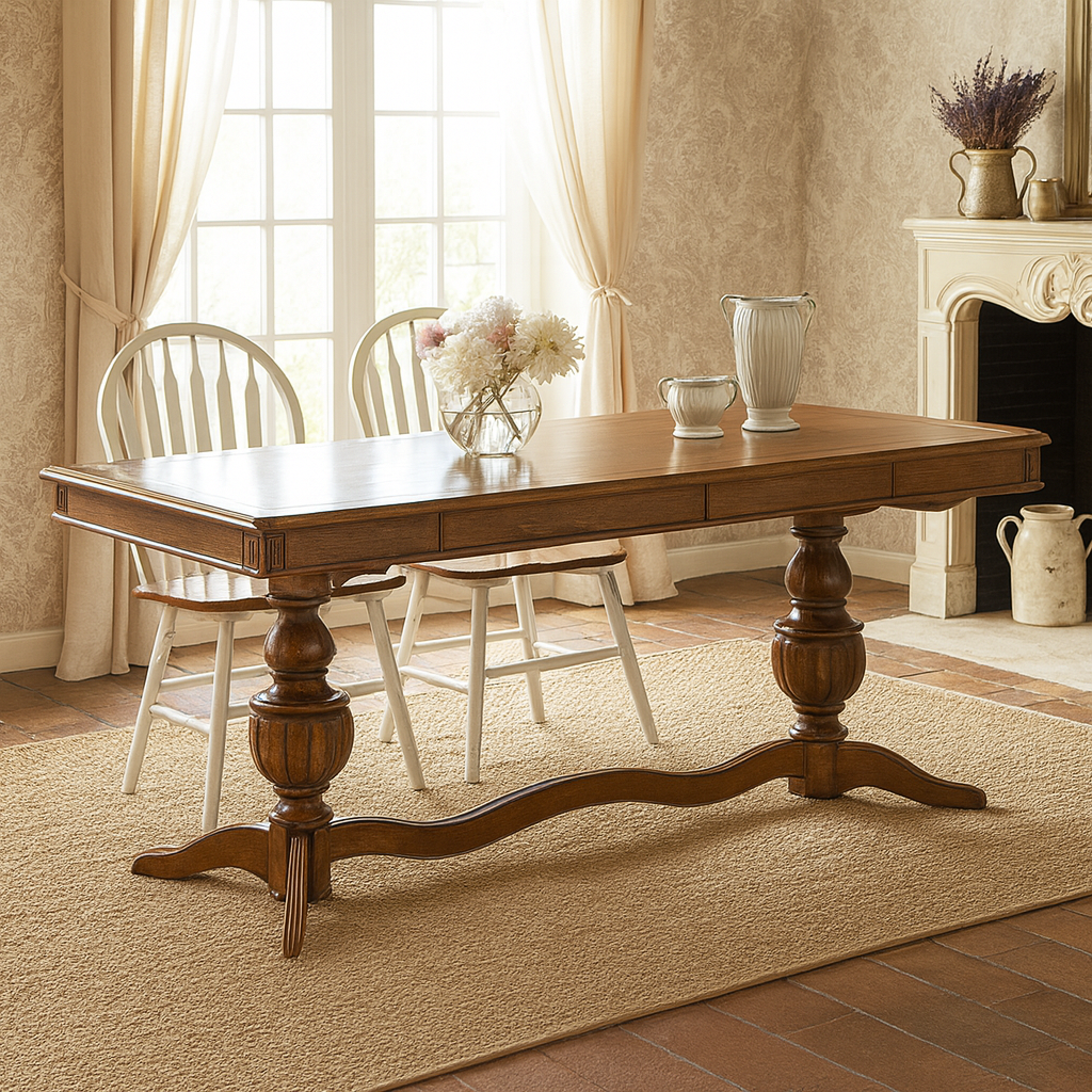Farmhouse Wooden Dining Table With Double Pedestal Base For Dining Room