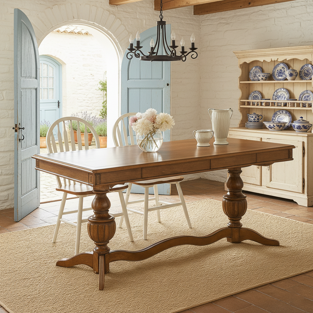Farmhouse Wooden Dining Table With Double Pedestal Base For Dining Room