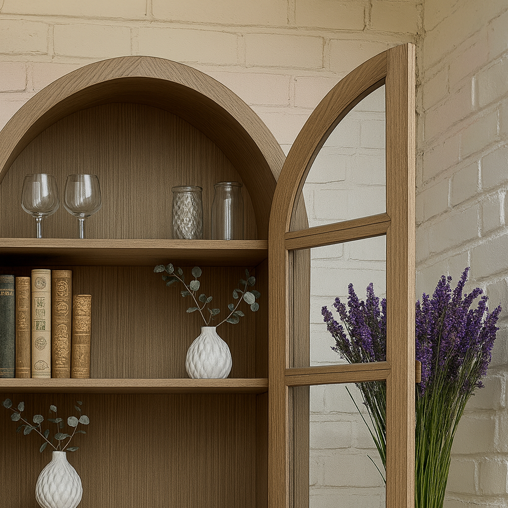 Farmhouse Wooden Display Cabinet With Arched Glass Doors