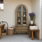 Farmhouse Wooden Display Cabinet With Arched Glass Doors
