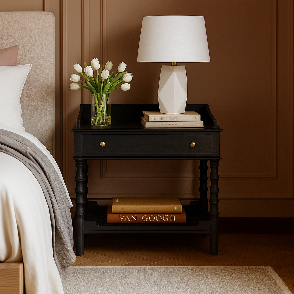 Farmhouse Wooden Nightstand With Spindle Legs