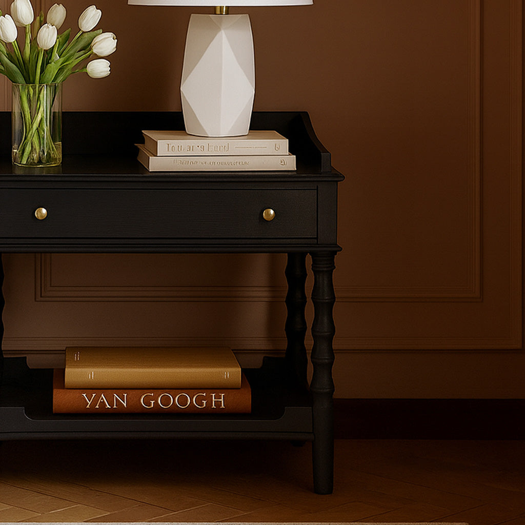 Farmhouse Wooden Nightstand With Spindle Legs