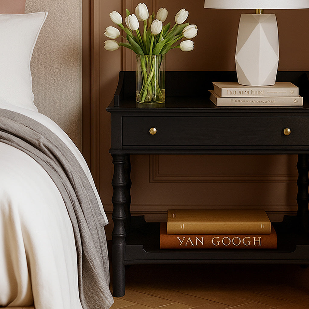 Farmhouse Wooden Nightstand With Spindle Legs