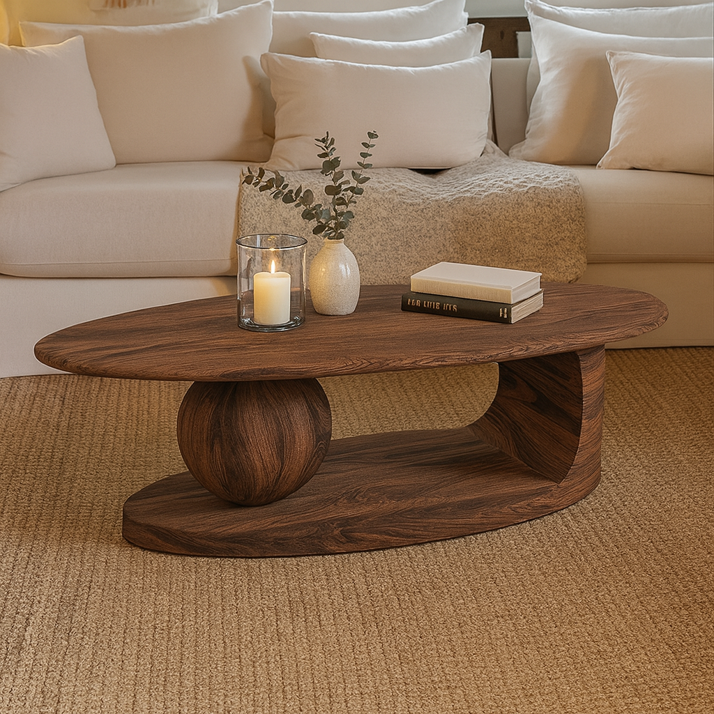 Farmhouse Wooden Oval Coffee Table With Open Shelf For Living Room