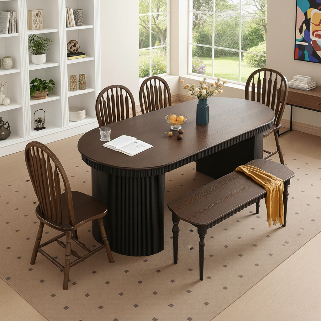 Farmhouse Wooden Oval Dining Table With Fluted Double Pedestal Base