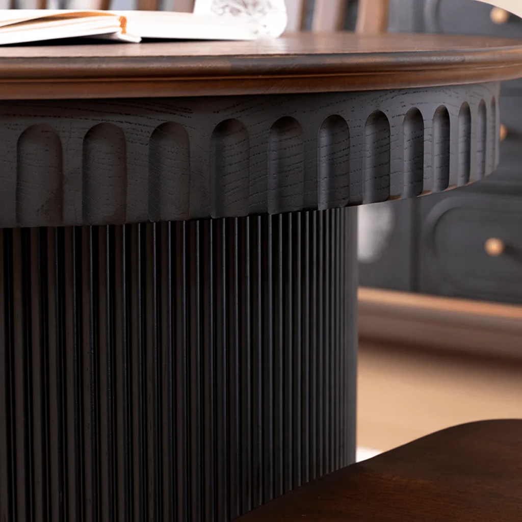 Farmhouse Wooden Oval Dining Table With Fluted Double Pedestal Base