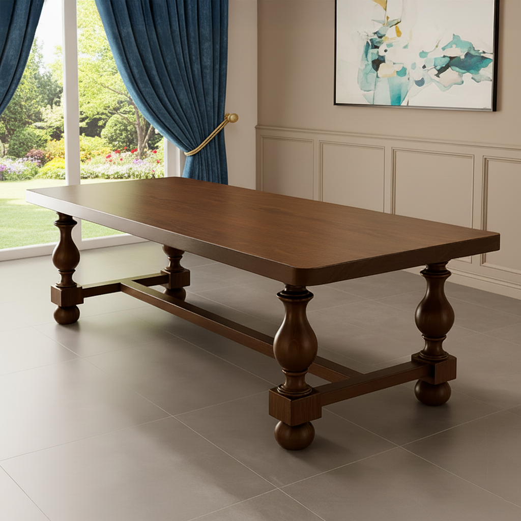 Farmhouse Wooden Rectangular Dining Table With Turned Legs For Dining Room