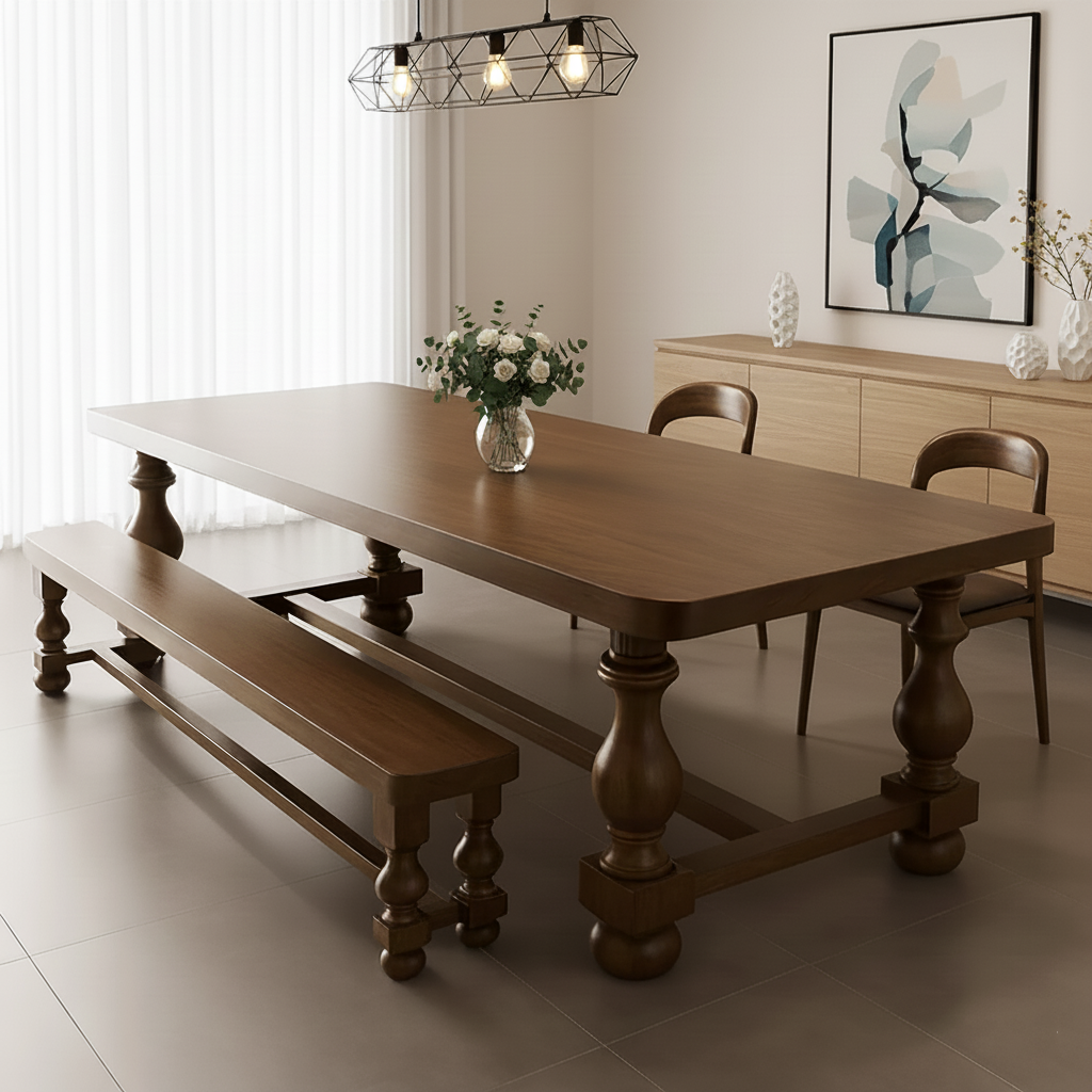 Farmhouse Wooden Rectangular Dining Table With Turned Legs For Dining Room