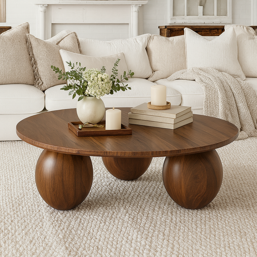Farmhouse Wooden Round Coffee Table With Ball Legs For Living Room