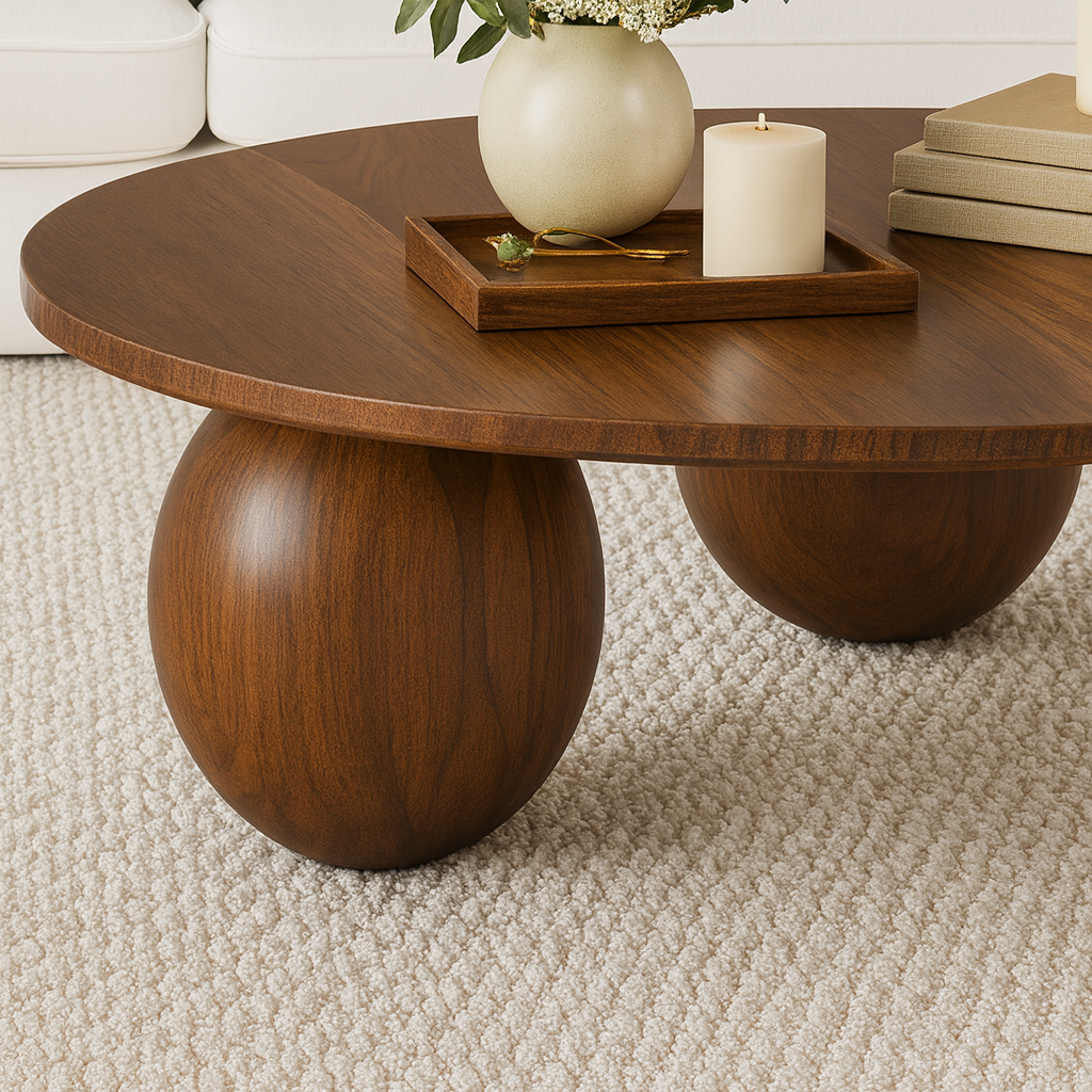 Farmhouse Wooden Round Coffee Table With Ball Legs For Living Room