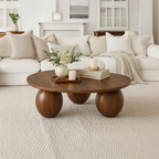 Farmhouse Wooden Round Coffee Table With Ball Legs For Living Room