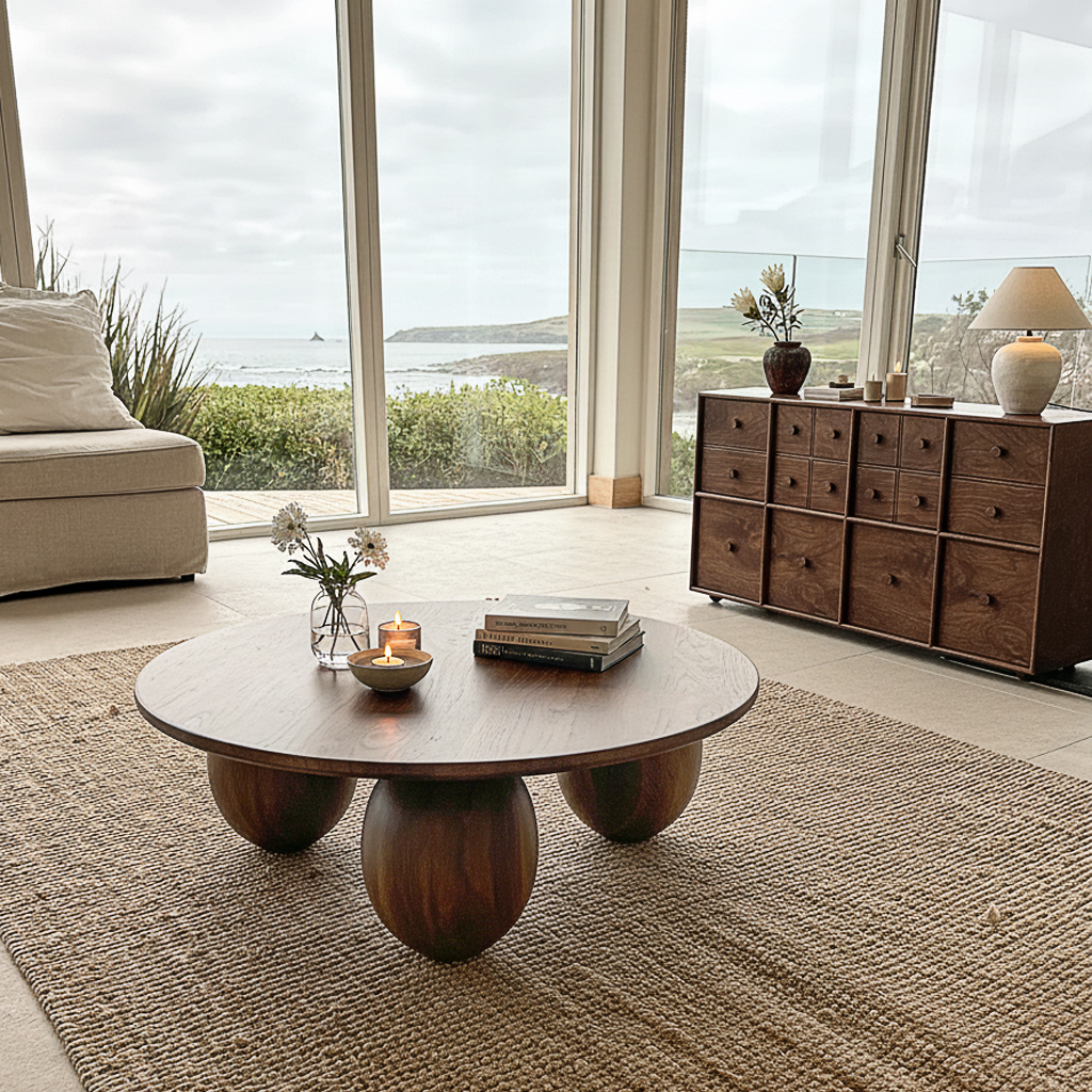 Farmhouse Wooden Round Coffee Table With Ball Legs For Living Room