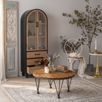 Farmhouse Wooden Round Coffee Table With Carved Top And Metal Legs