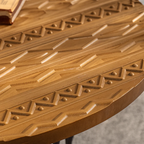 Farmhouse Wooden Round Coffee Table With Carved Top And Metal Legs