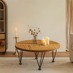 Farmhouse Wooden Round Coffee Table With Carved Top And Metal Legs