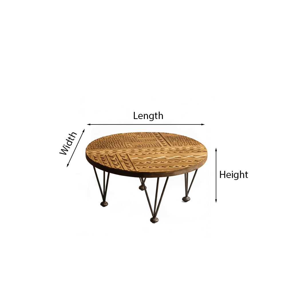 Farmhouse Wooden Round Coffee Table With Carved Top And Metal Legs