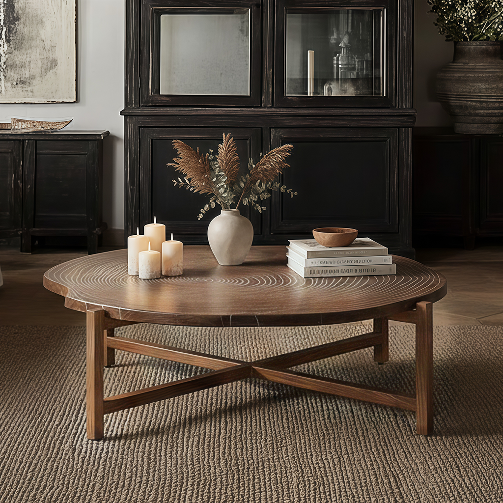 Farmhouse Wooden Round Coffee Table With Cross Stretcher Base