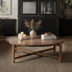 Farmhouse Wooden Round Coffee Table With Cross Stretcher Base