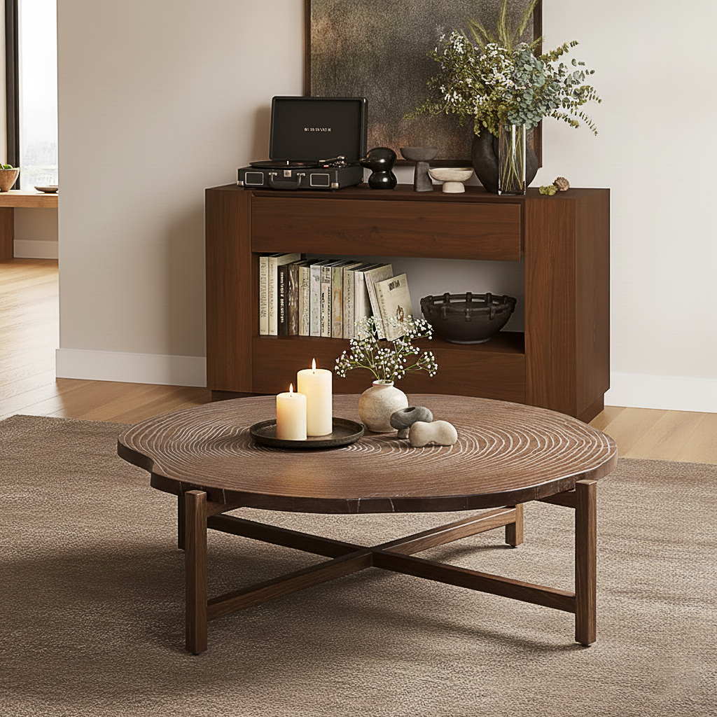 Farmhouse Wooden Round Coffee Table With Cross Stretcher Base