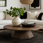 Farmhouse Wooden Round Coffee Table With Faceted Pedestal Base