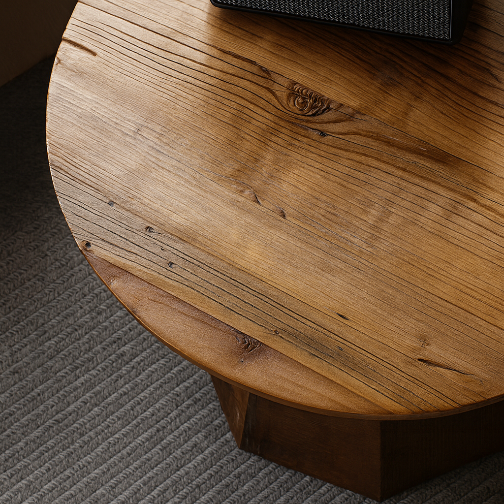 Farmhouse Wooden Round Coffee Table With Faceted Pedestal Base