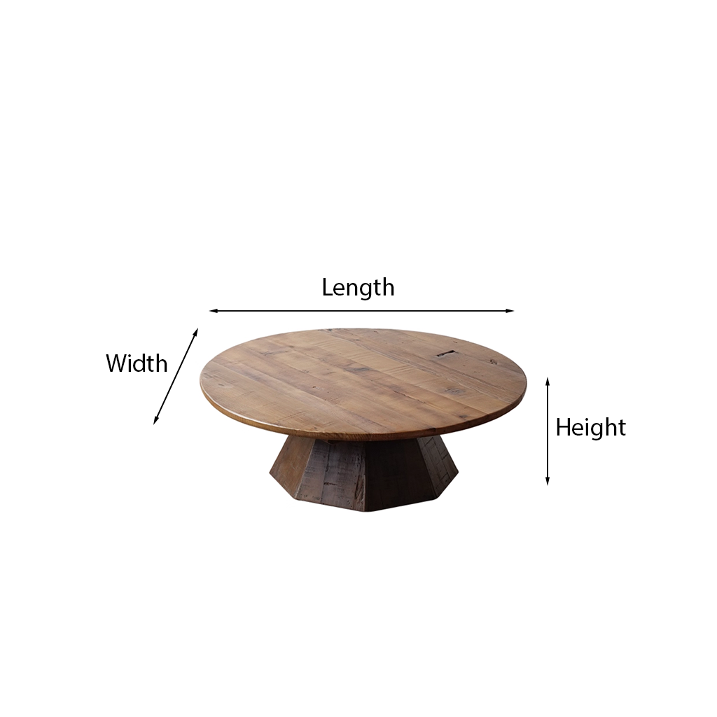 Farmhouse Wooden Round Coffee Table With Faceted Pedestal Base