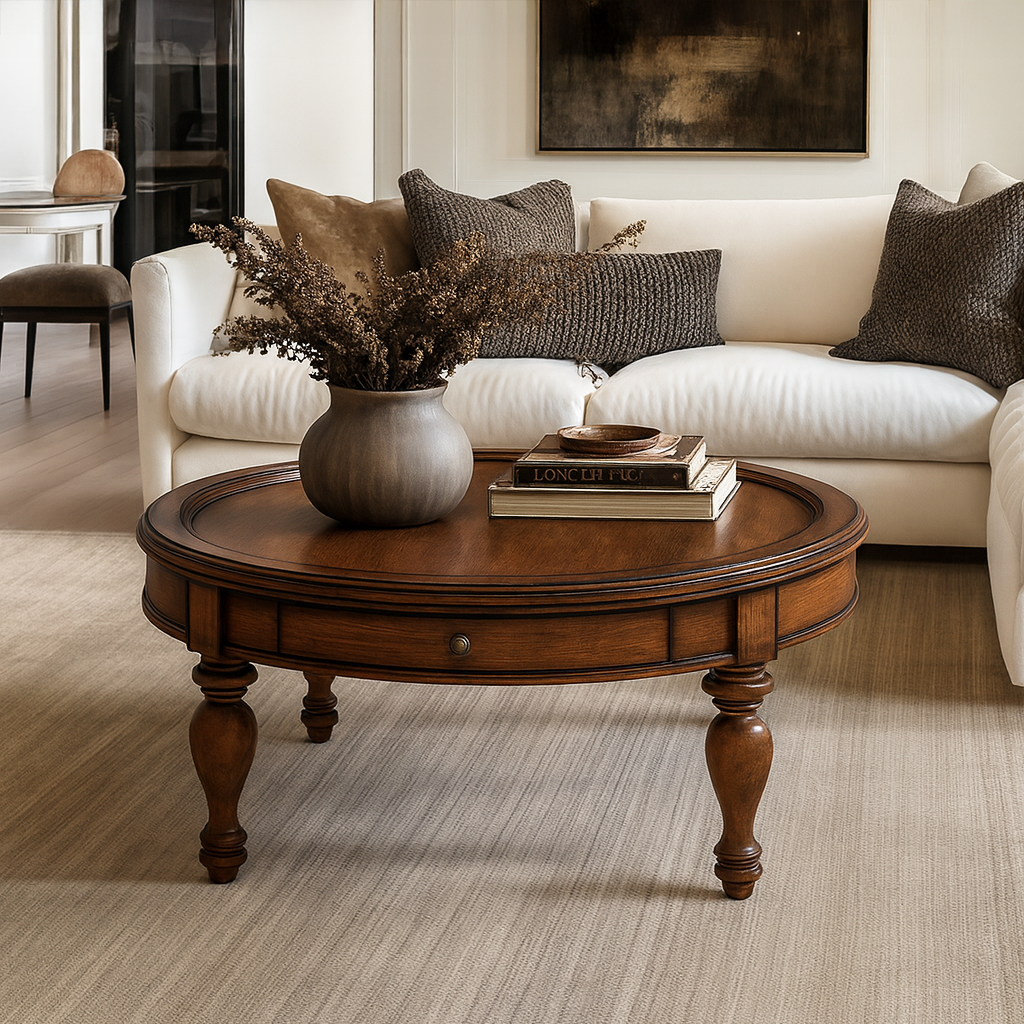 Farmhouse Wooden Round Coffee Table With Turned Legs For Living Room