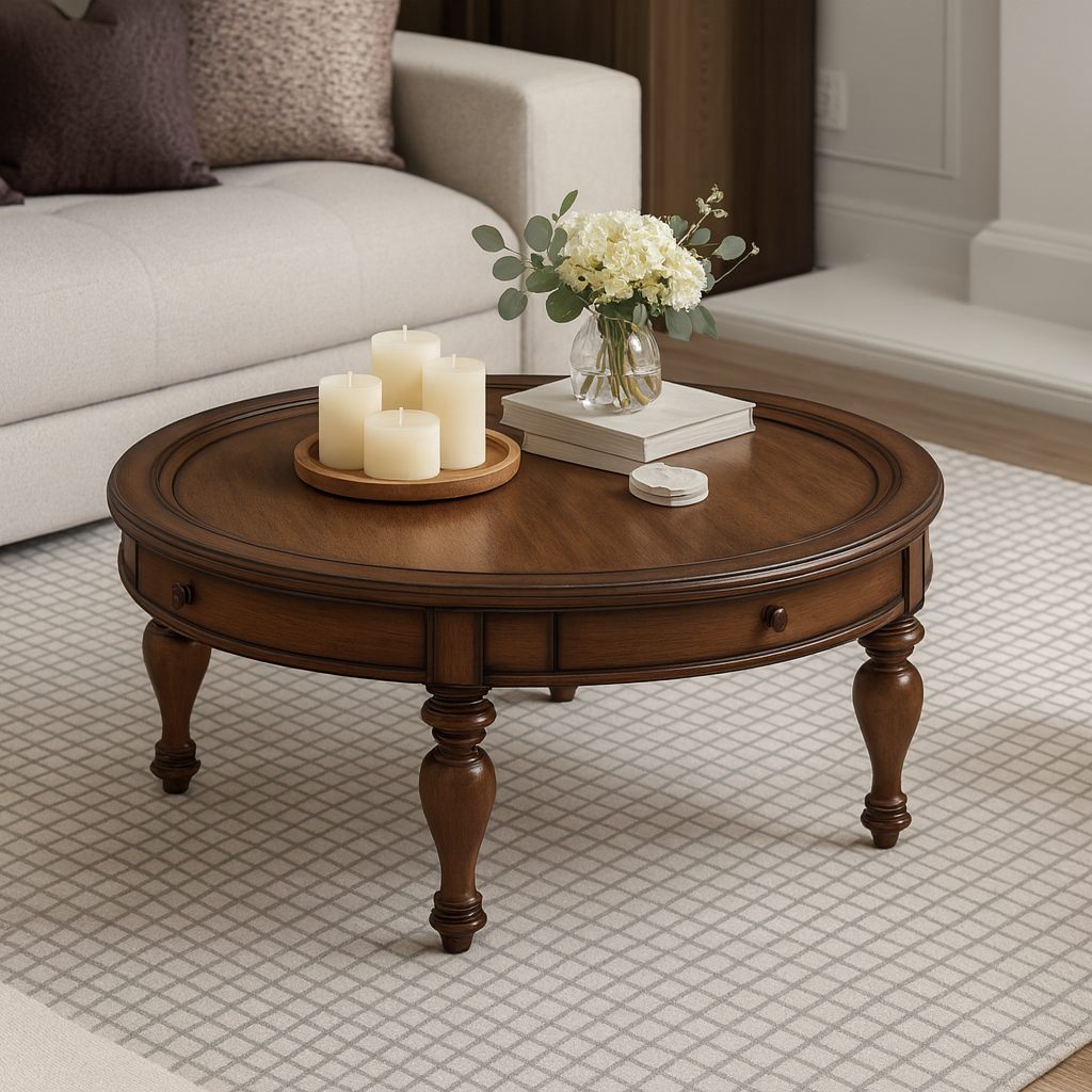 Farmhouse Wooden Round Coffee Table With Turned Legs For Living Room