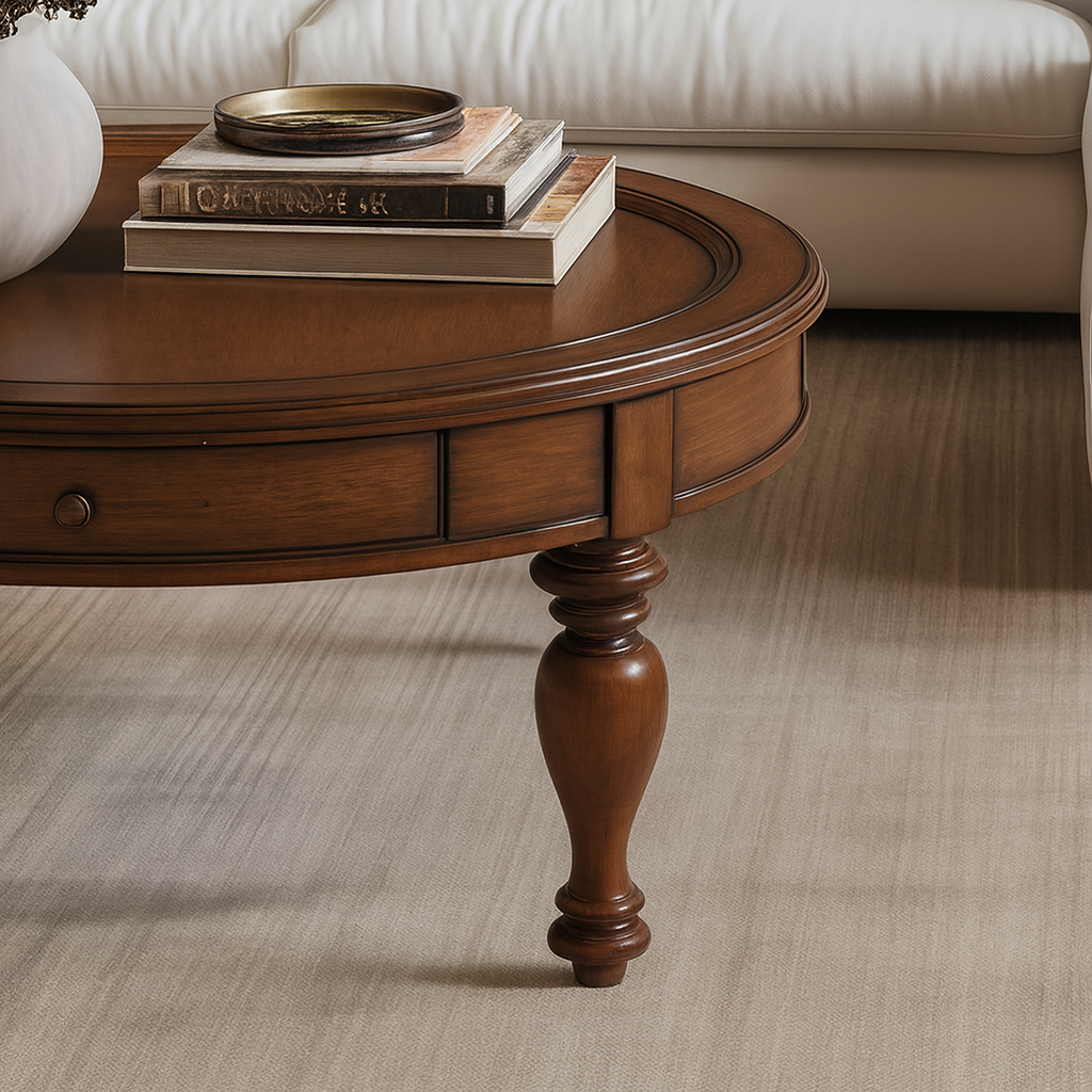 Farmhouse Wooden Round Coffee Table With Turned Legs For Living Room