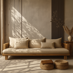 Farmhouse Wooden Sofa With Neutral Cushions For Living Room