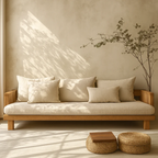 Farmhouse Wooden Sofa With Neutral Cushions For Living Room