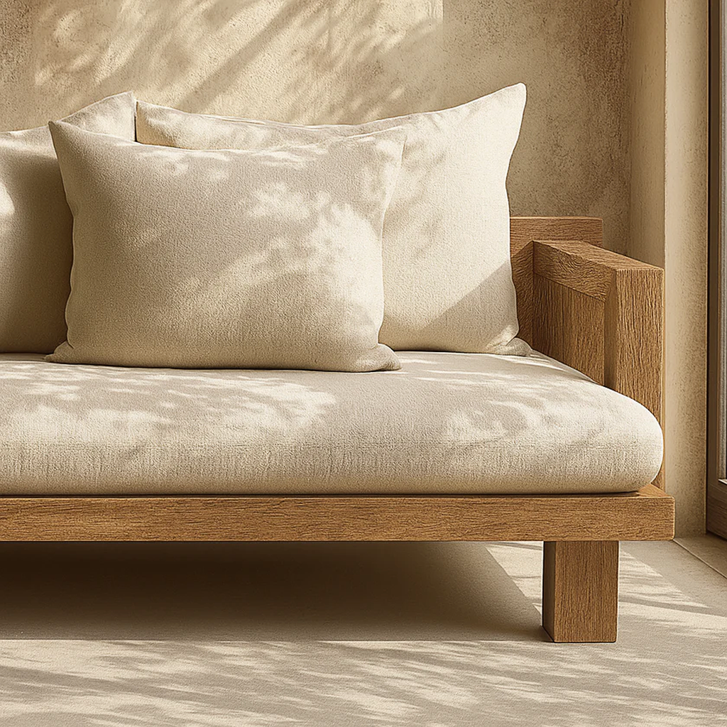 Farmhouse Wooden Sofa With Neutral Cushions For Living Room