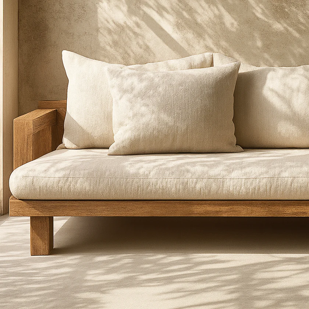 Farmhouse Wooden Sofa With Neutral Cushions For Living Room