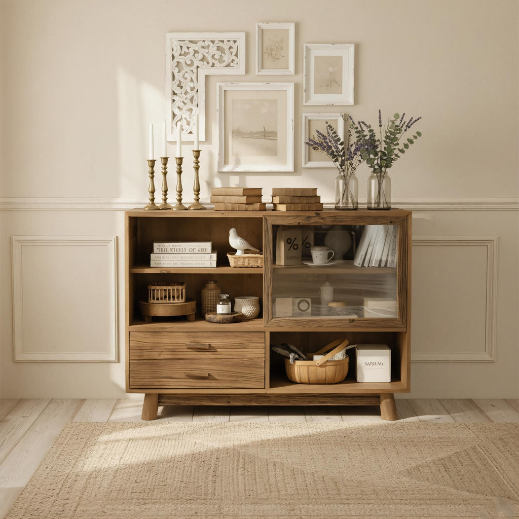 Farmhouse Wooden Storage Cabinet With Glass Door And Drawers