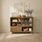 Farmhouse Wooden Storage Cabinet With Glass Door And Drawers