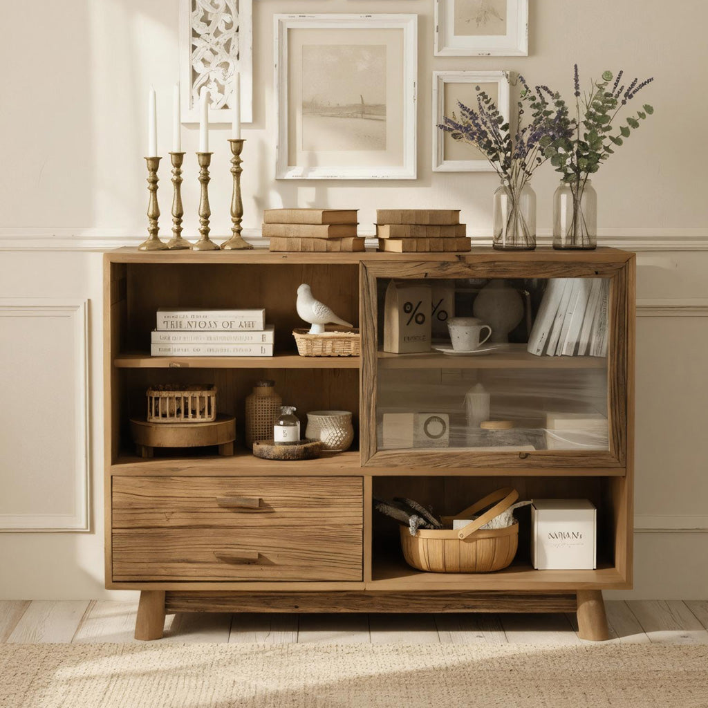 Farmhouse Wooden Storage Cabinet With Glass Door And Drawers