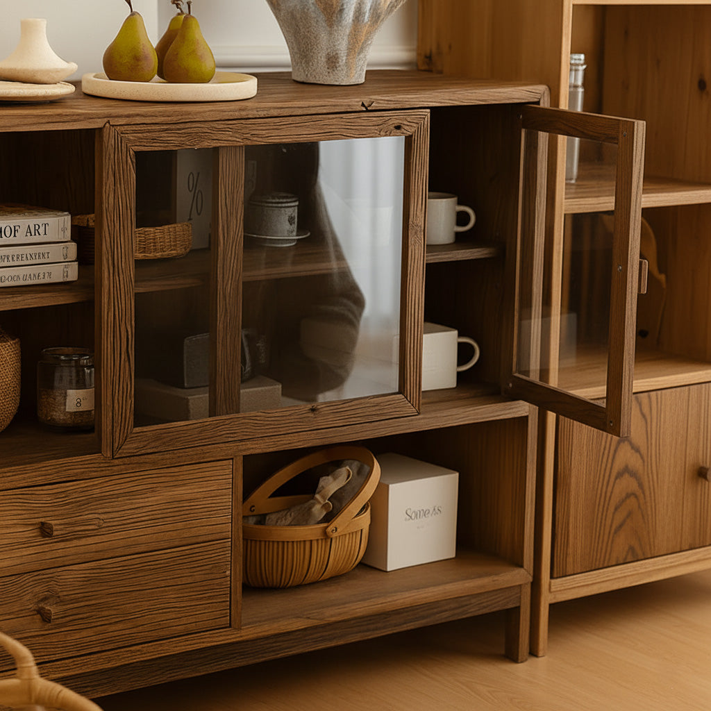 Farmhouse Wooden Storage Cabinet With Glass Door And Drawers