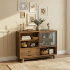 Farmhouse Wooden Storage Cabinet With Glass Door And Drawers