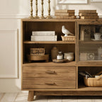 Farmhouse Wooden Storage Cabinet With Glass Door And Drawers